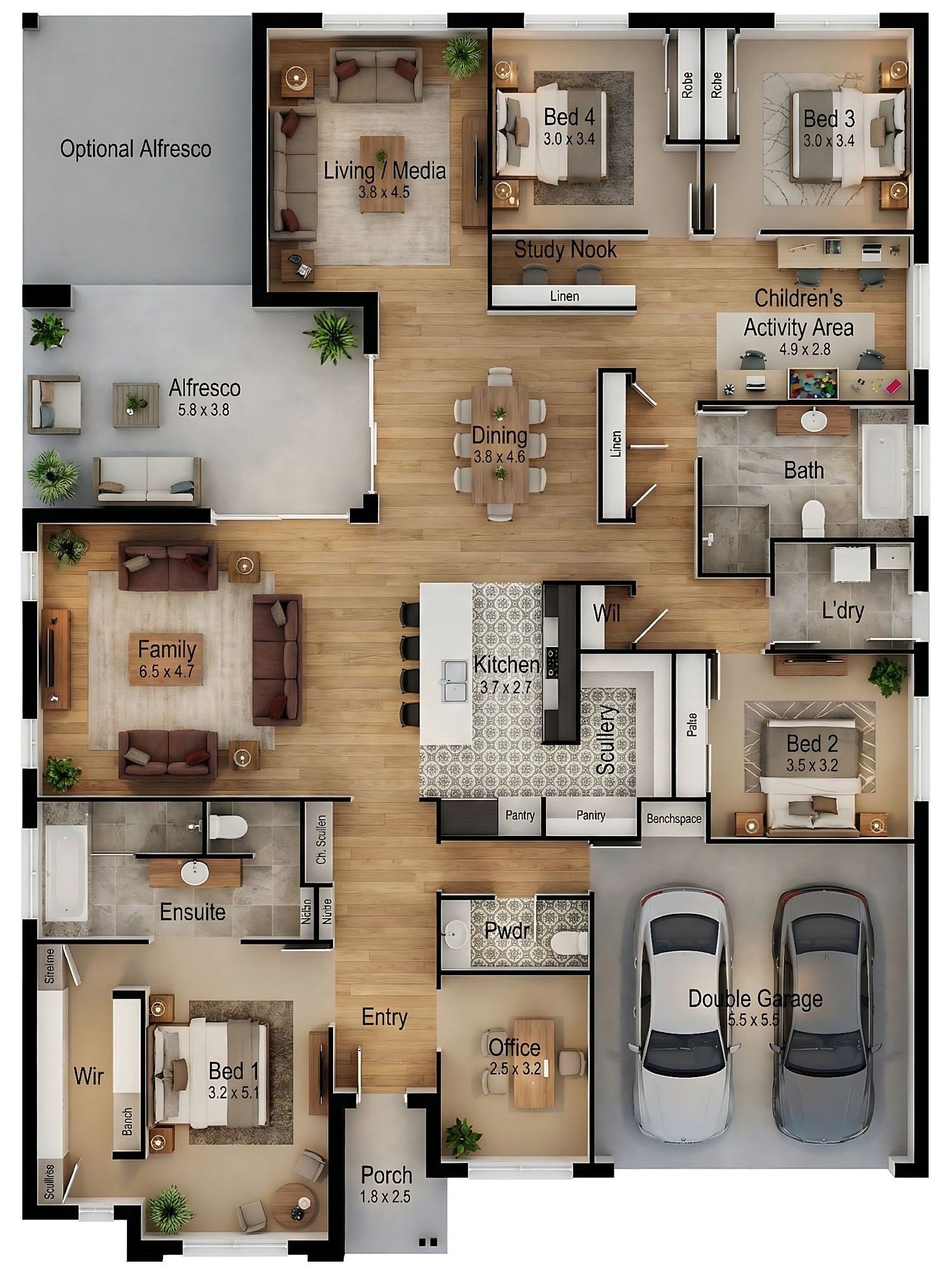 Designers - a detailed 3D architectural floor plan for a modern, single ...