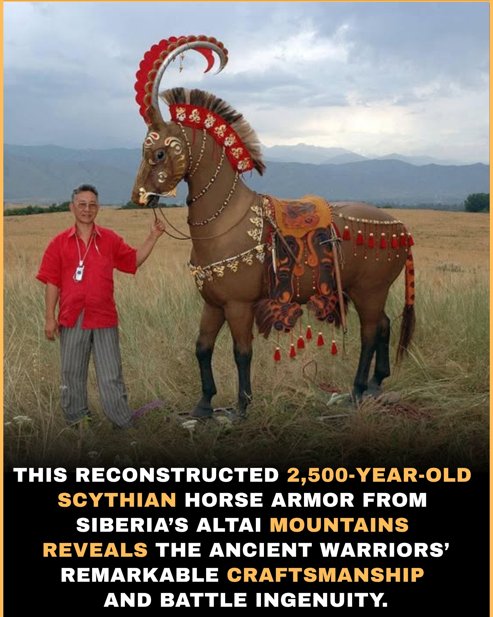 Horse wearing reconstructed 2500-year-old Scythian horse armor