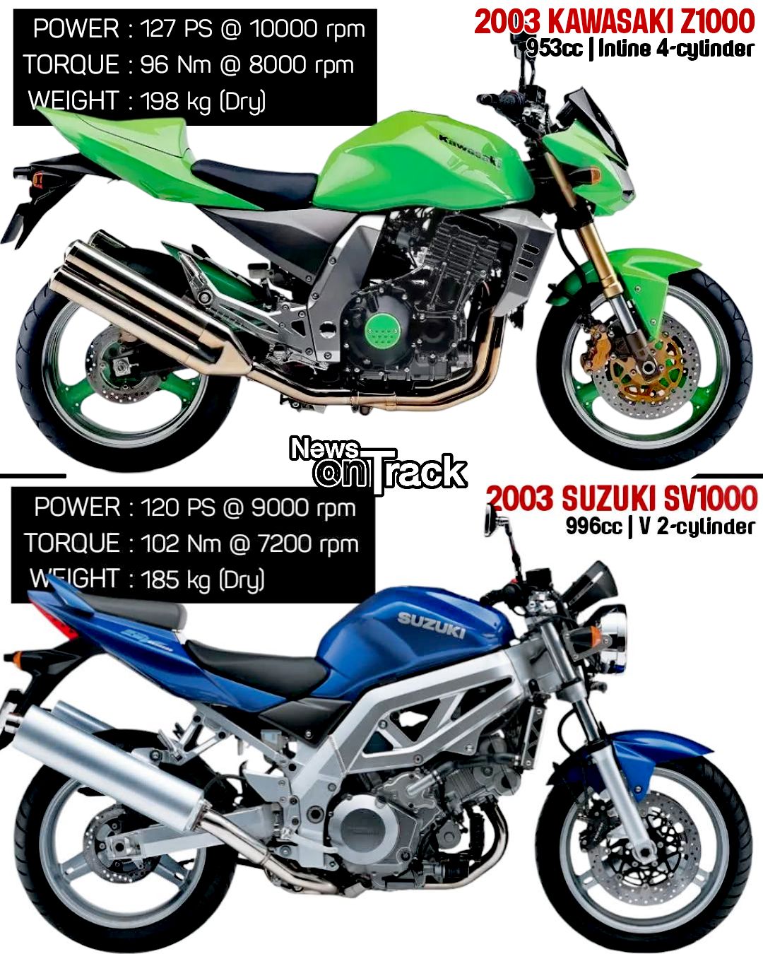 The 2003 Suzuki SV1000 and Kawasaki Z1000 represent two different