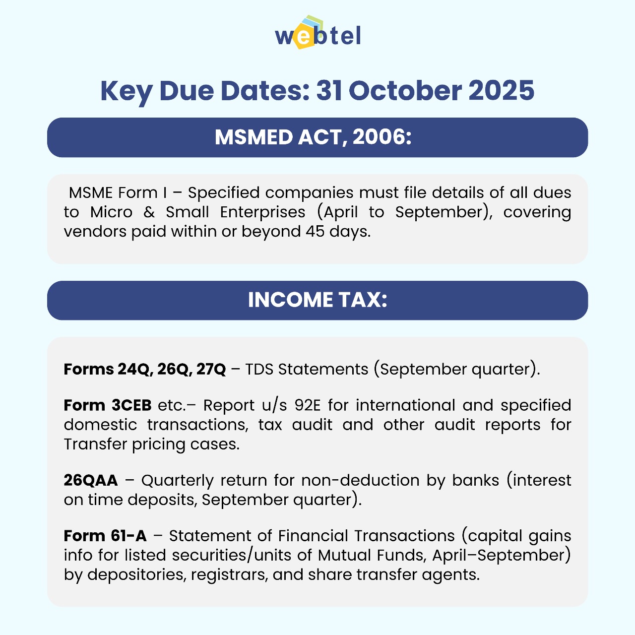 Webtel - 📅 Important Due Dates: 31 October 2025 Stay compliant and file ...