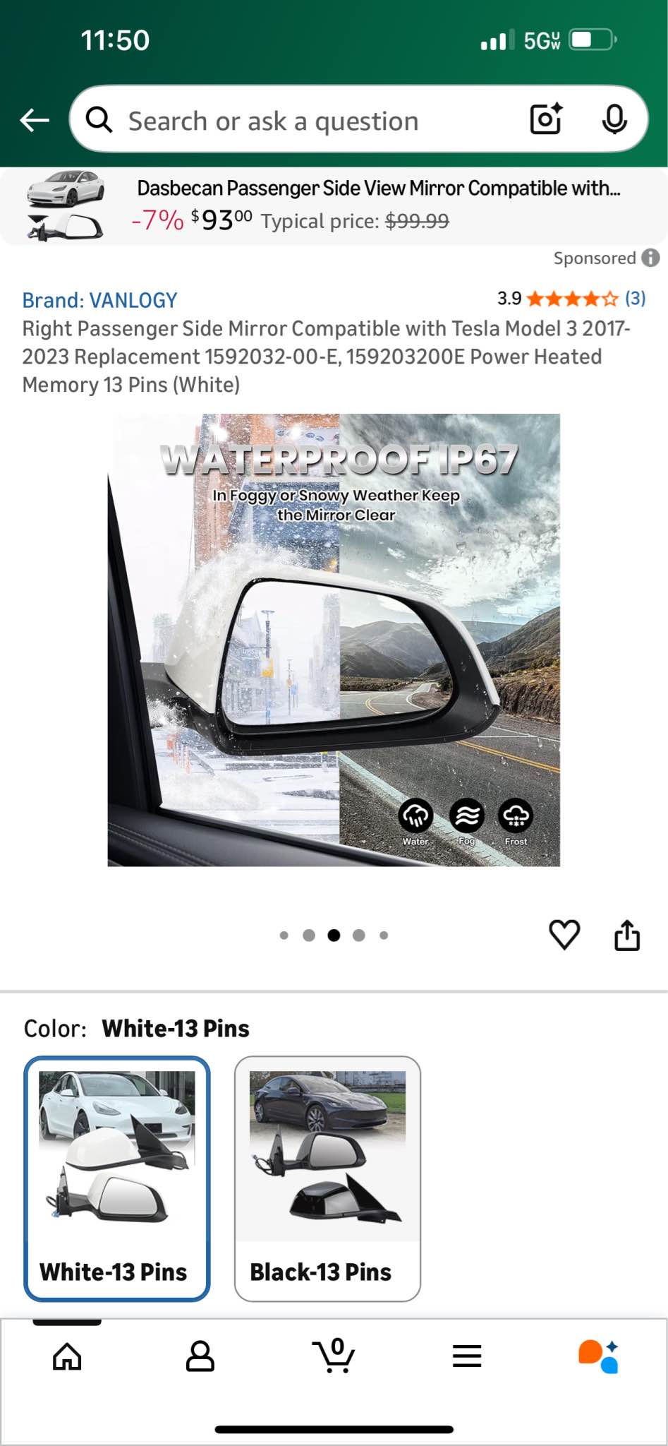 Power Fold Heated Mirror Tesla Right Passenger Side Mirror For Tesla Model 3 2017-2023 | 13-Pin Power Fold Heated Mirror Replacement - White Tesla Model 3 Mirror