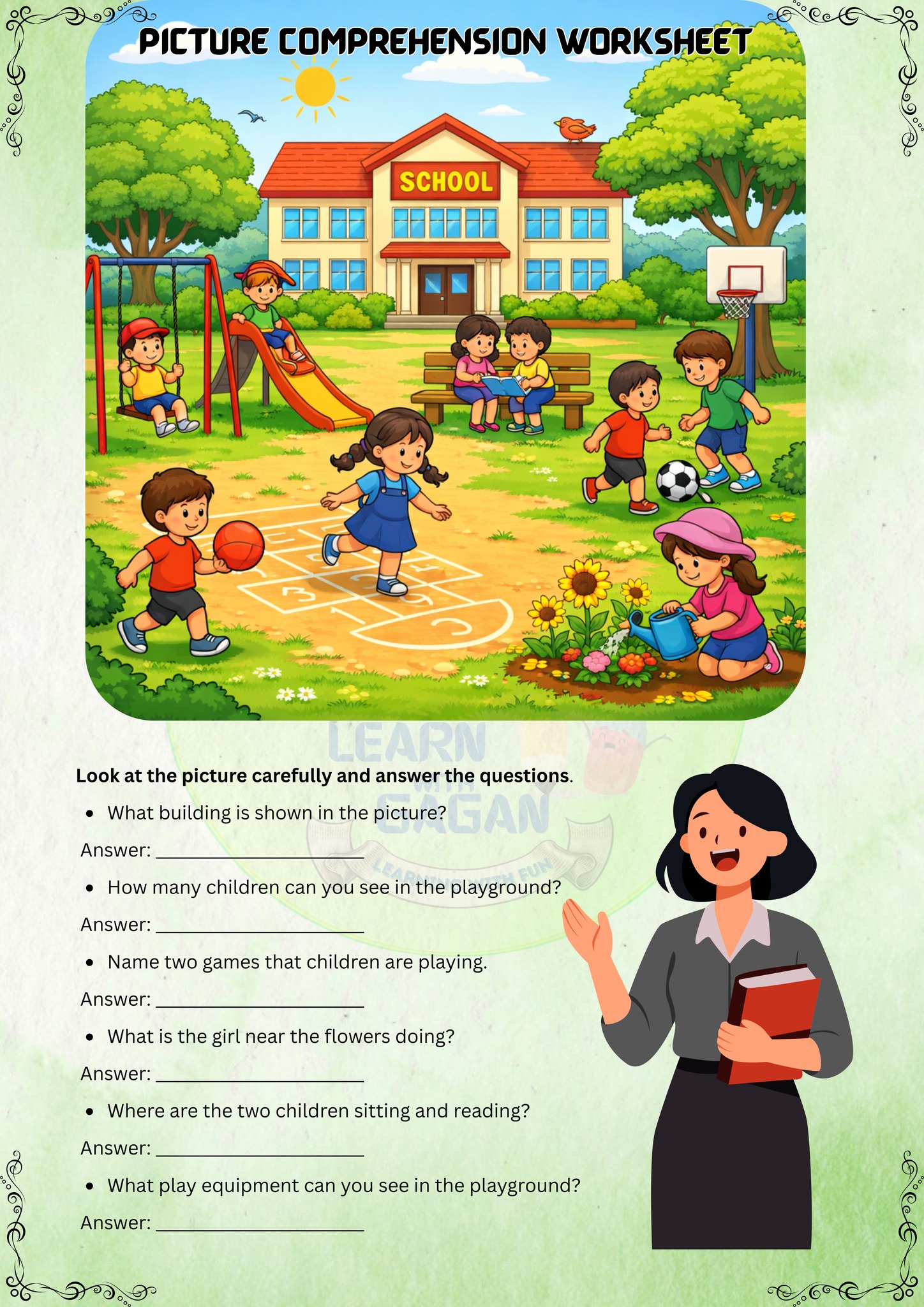 Learn - School Playground Picture Comprehension Worksheet | EVS ...