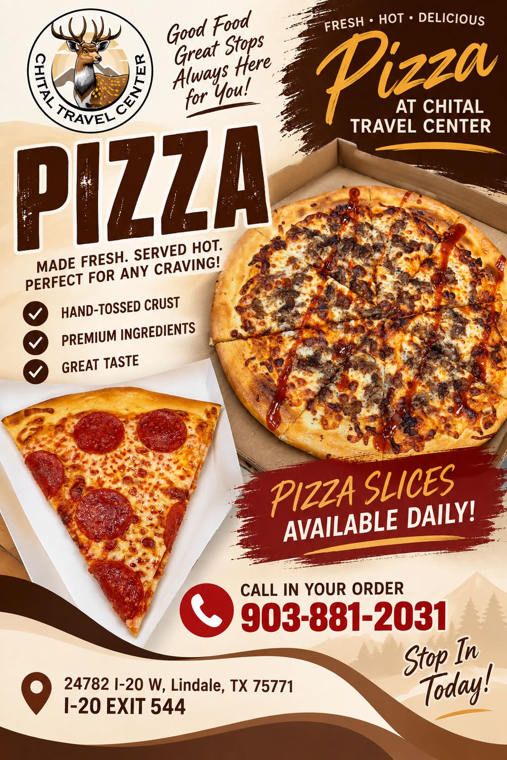 Fresh pizza slices at Chital Travel Center in Lindale, TX