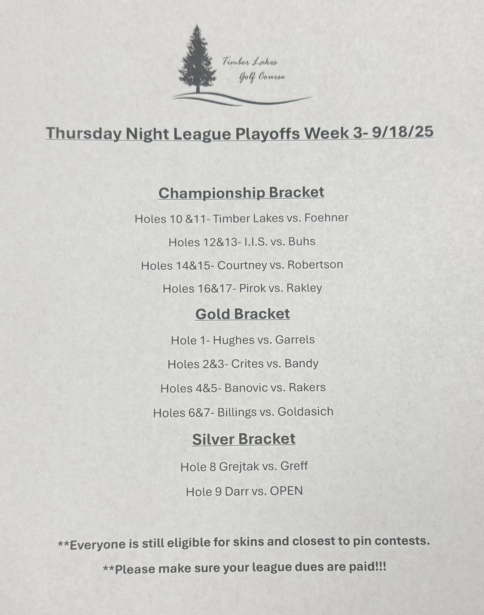 Timber - Thursday Night Playoff schedule for next week! | Facebook