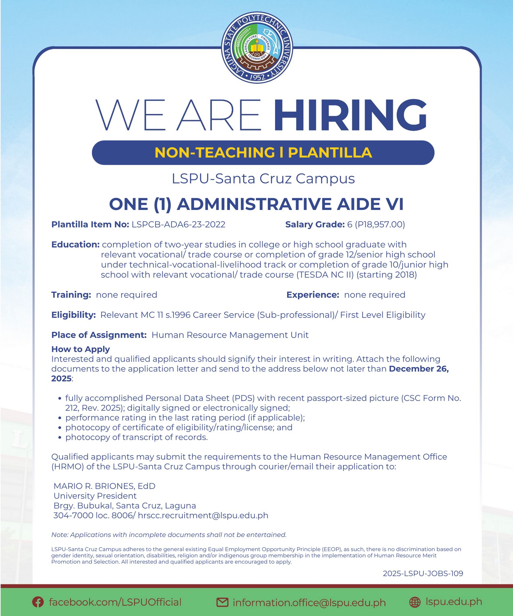 Laguna - #LSPUJobs 𝗹 𝗛𝗶𝗿𝗶𝗻𝗴 𝗮𝘁 𝗟𝗦𝗣𝗨-𝗦𝗮𝗻𝘁𝗮 𝗖𝗿𝘂𝘇 𝗖𝗮𝗺𝗽𝘂𝘀 (𝗡𝗼𝗻-𝗧𝗲𝗮𝗰𝗵𝗶𝗻𝗴 ...