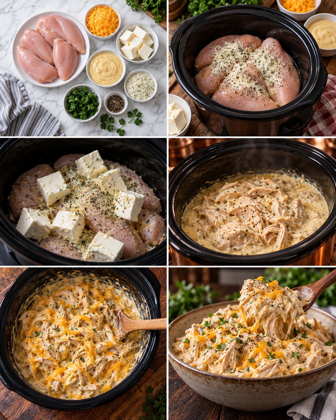 🧀 Crock Pot Creamy Ranch Chicken Ingredients 2 lbs boneless, skinless chicken breasts 1 packet ranch seasoning mix 8 oz cream cheese, softened and cubed 1 cup shredded cheddar cheese ½ cup
