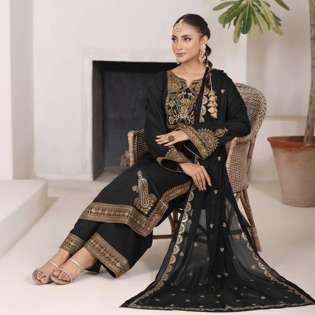 black formal pakistani dresses Gold Maharposh is an elegant 3-piece outfit featuring luxurious golden sequence & tila embroidery, paired with a chiffon dupatta✨ Colors available: Black & Green luxury pret wear, festive outfit, Collection: DEFINING MOMENTS