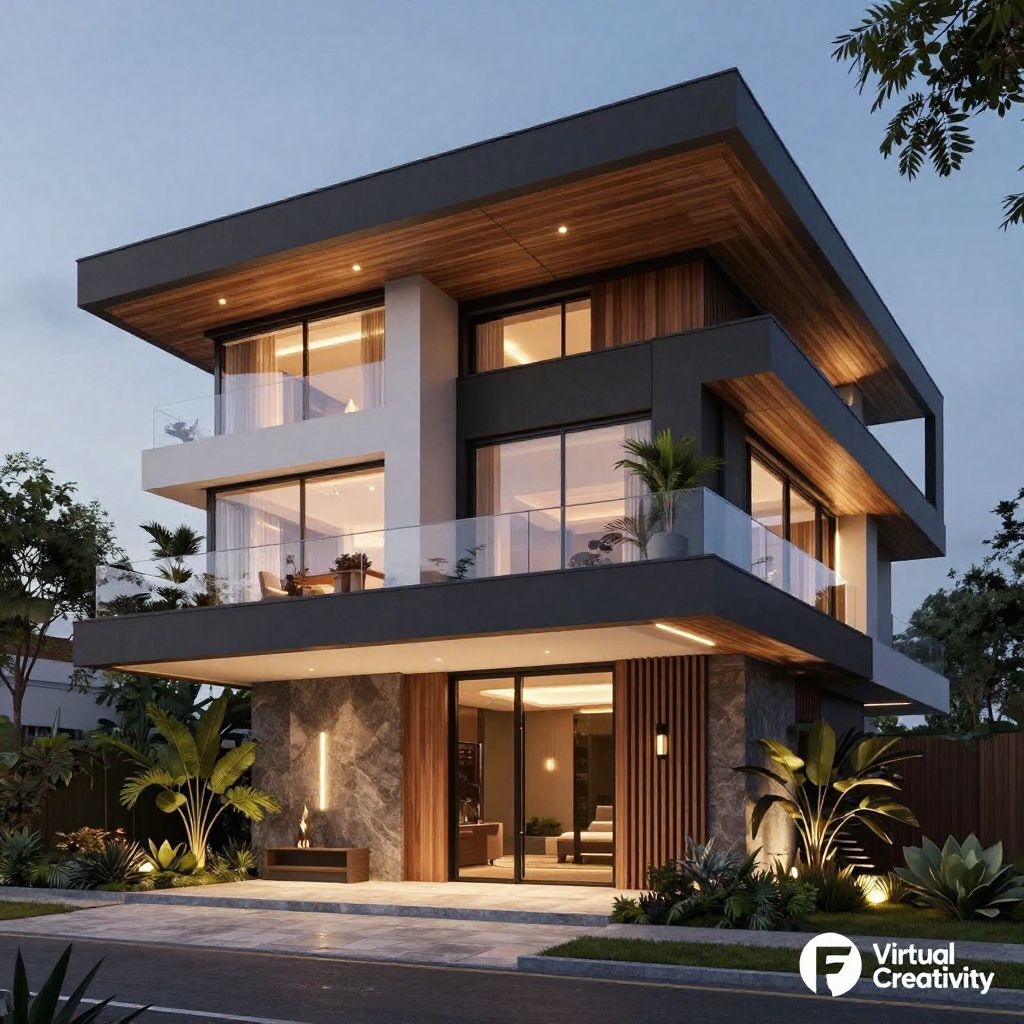 Virtual - An ultra-modern two-story villa is rendered with bold ...