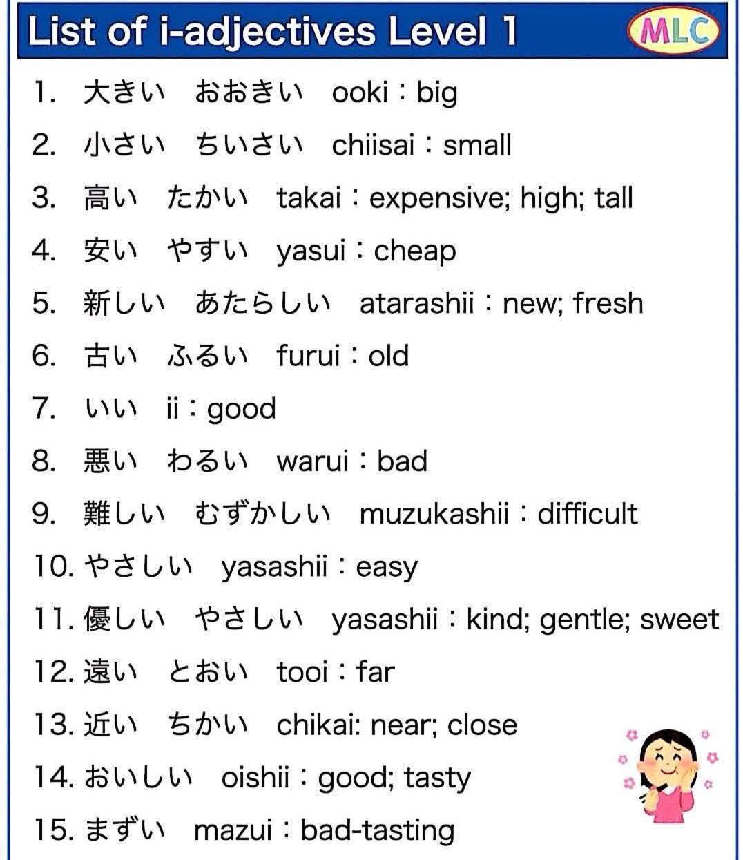 Basic Japanese language adjectives List of i-adjectives Level 1