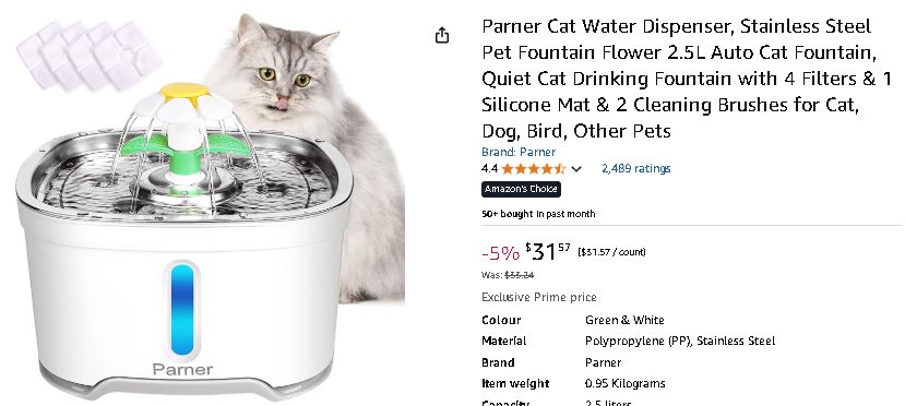 Cat Water Fountain Cat Toys Cat Water Dispenser Parner Stainless Steel Pet Fountain Flower 2 5 L Auto Cat Fountain Quiet Cat Drinking Fountain With 4 Filters 1 Silicone Mat 2 Cleaning