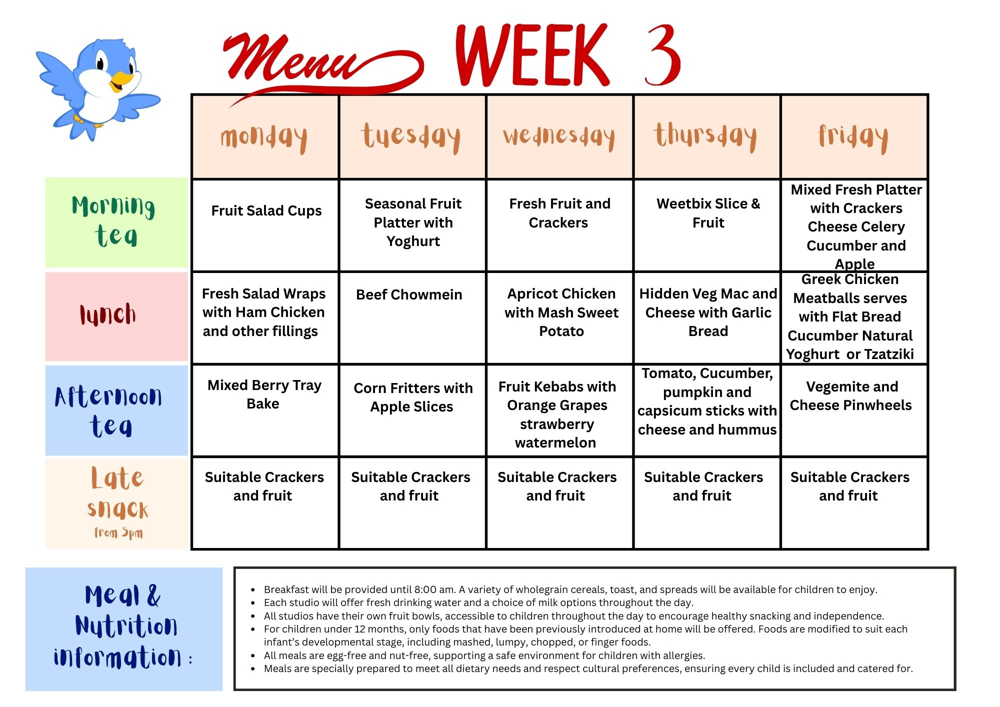 🍽️ WEEK 3 MENU 🍽️... - Bluebird Early Education Traralgon | Facebook