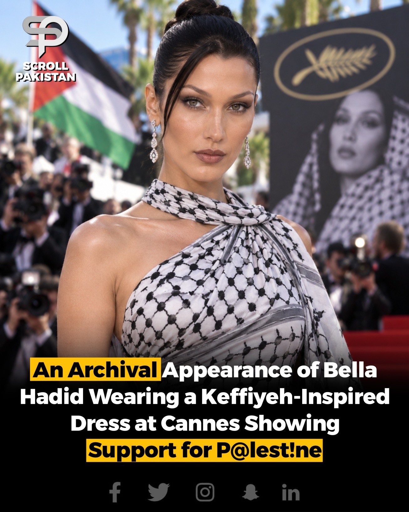 🇺🇸🎬 An Archival Appearance of Bella Hadid Wearing a Keffiyeh-Inspired Dress at Cannes, Showing Her Support for P@lest!ne. 🇵🇸❤️ The striking look became a memorable fashion moment associated with her continued expression