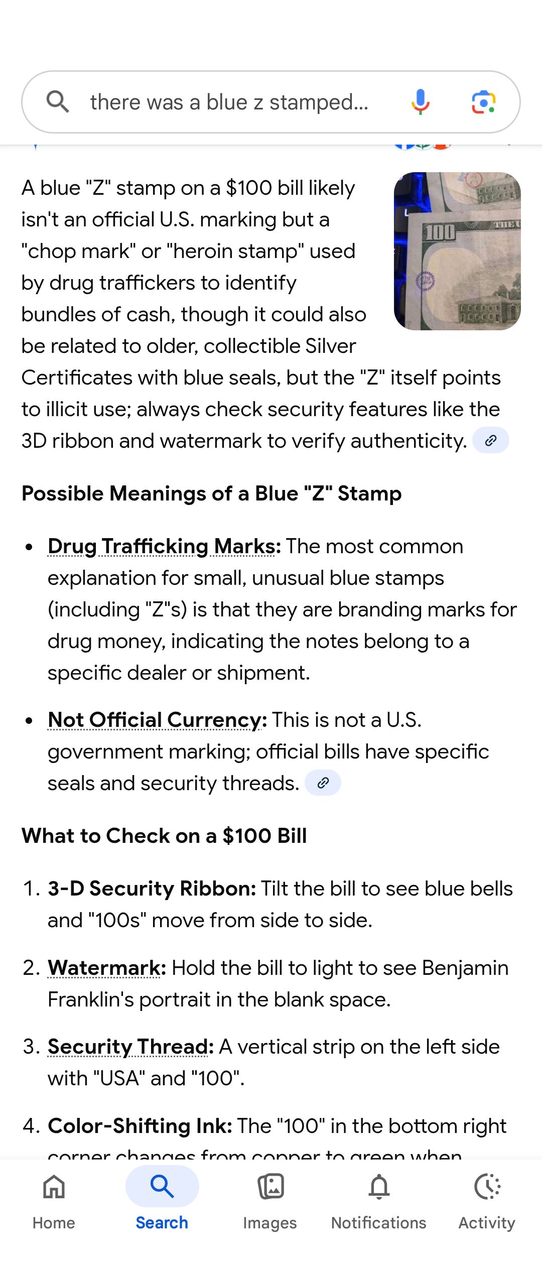 What does a blue Z stamp on a $100 bill mean?