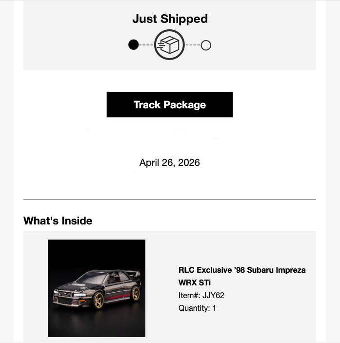 Mattel is on the ball. The Hot Wheels RLC '98 Subaru Impreza WRX