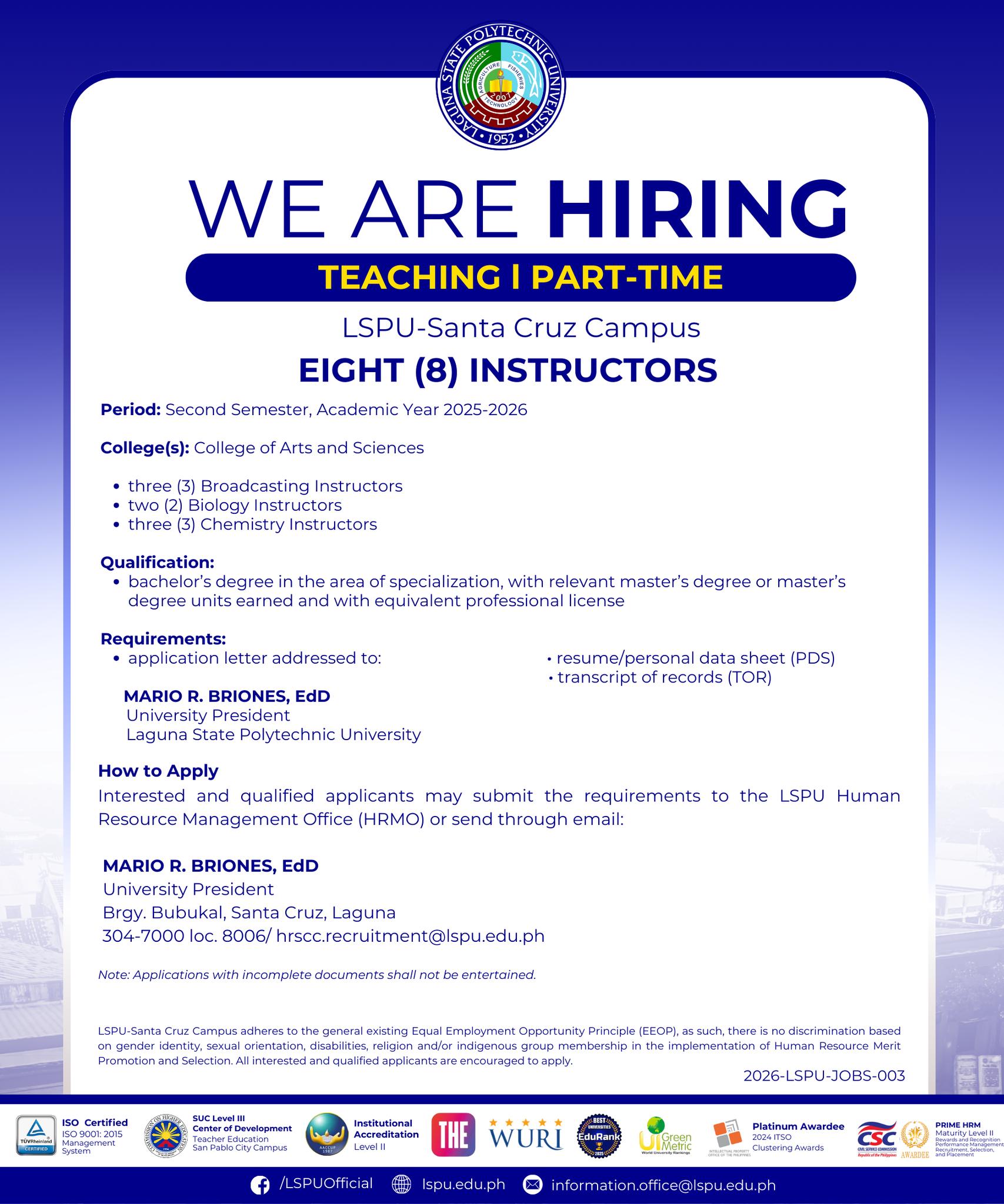 Laguna - #LSPUJobs l 𝗛𝗶𝗿𝗶𝗻𝗴 𝗮𝘁 𝗟𝗦𝗣𝗨-𝗦𝗮𝗻𝘁𝗮 𝗖𝗿𝘂𝘇 𝗖𝗮𝗺𝗽𝘂𝘀 (𝗧𝗲𝗮𝗰𝗵𝗶𝗻𝗴, 𝗣𝗮𝗿𝘁 ...