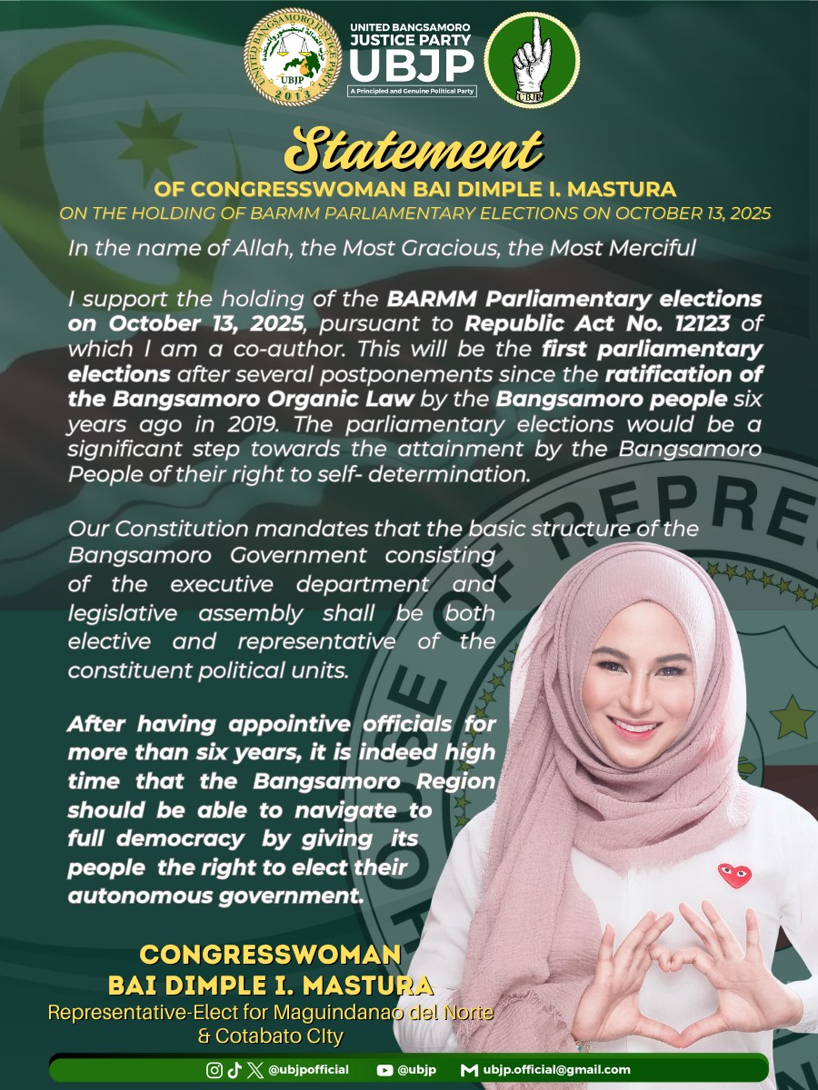 UBJP - READ | Official Statement of Congresswoman Bai Dimple I. Mastura ...