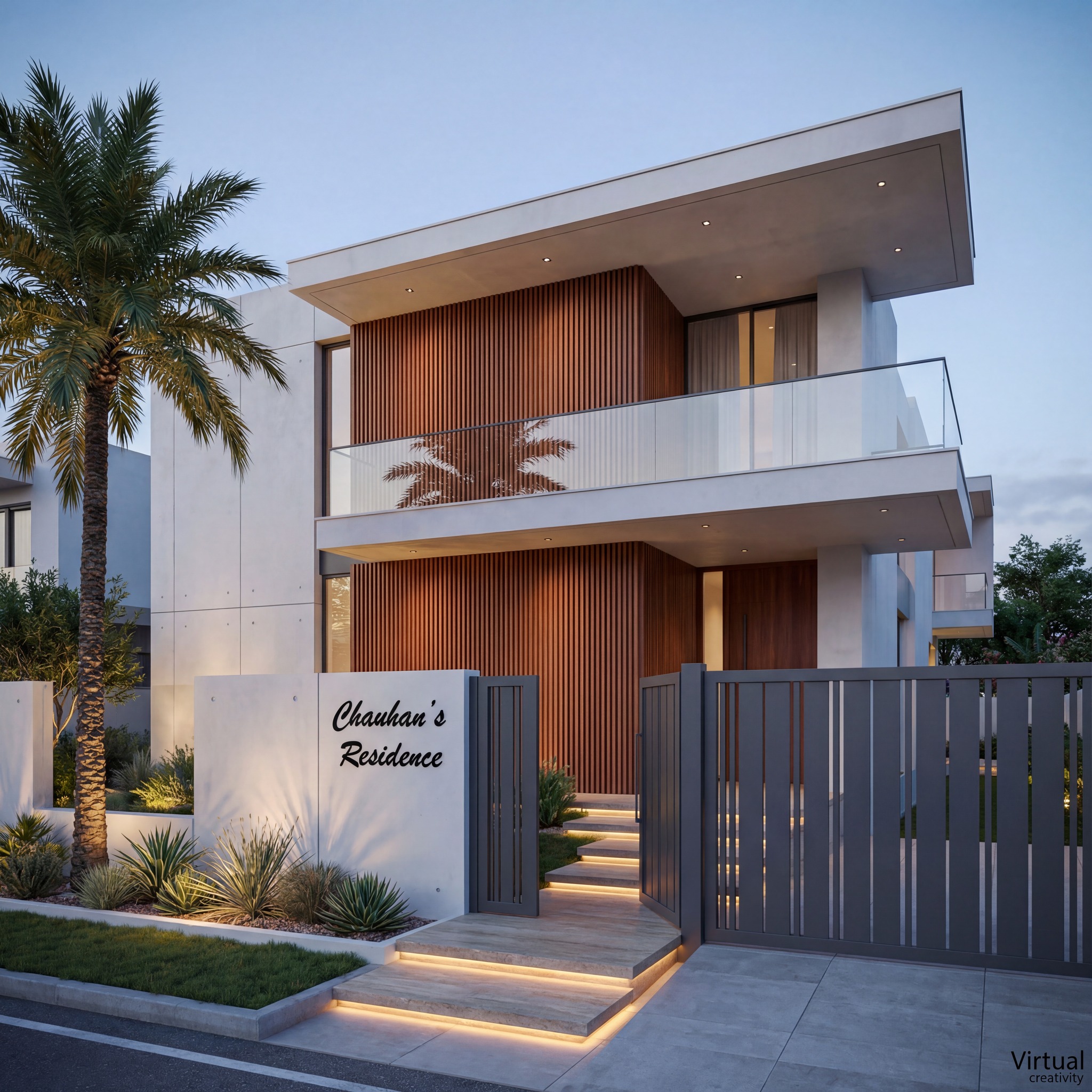 Virtual - White plaster meets stone poise, glass expanse framing ...