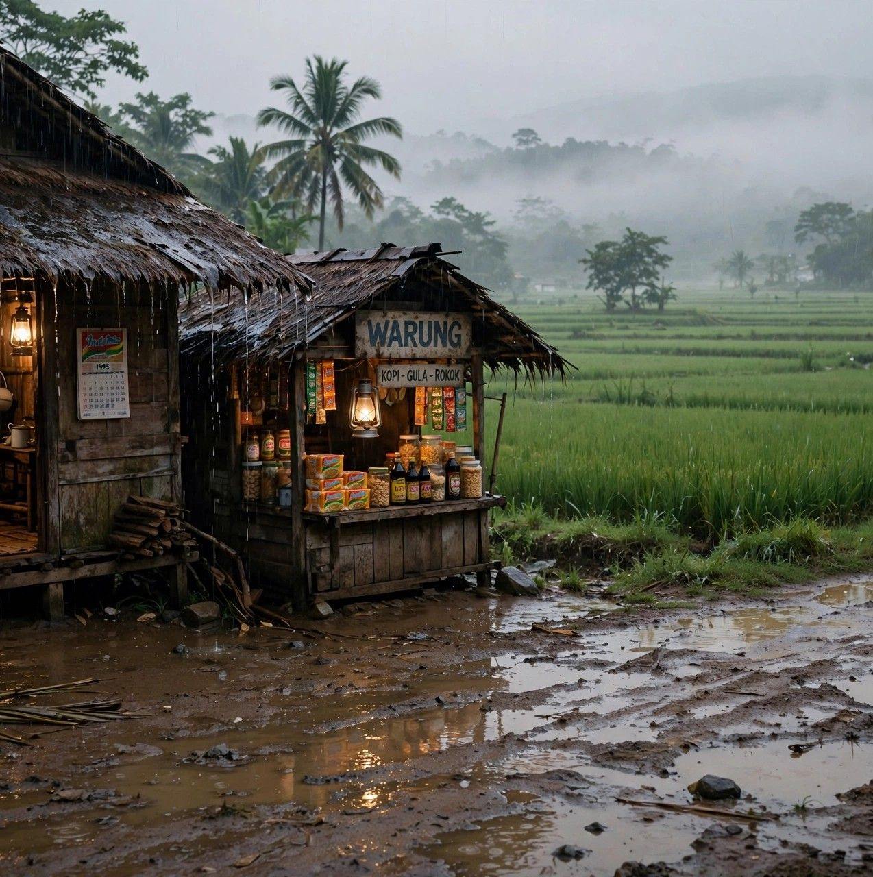 A village path near a dense bamboo grove and a field of tall grass ...