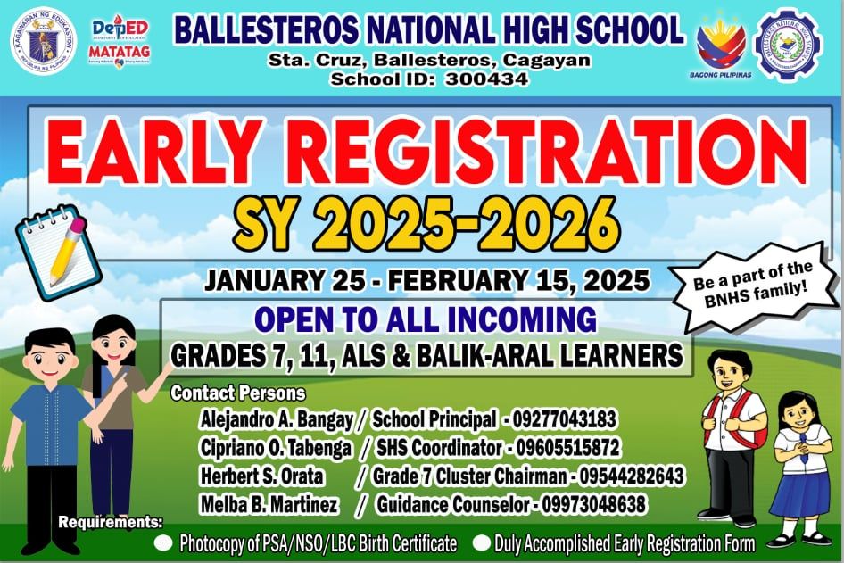 Ballesteros Nhs - EARLY REGISTRATION for SY 2025-2026 | Facebook