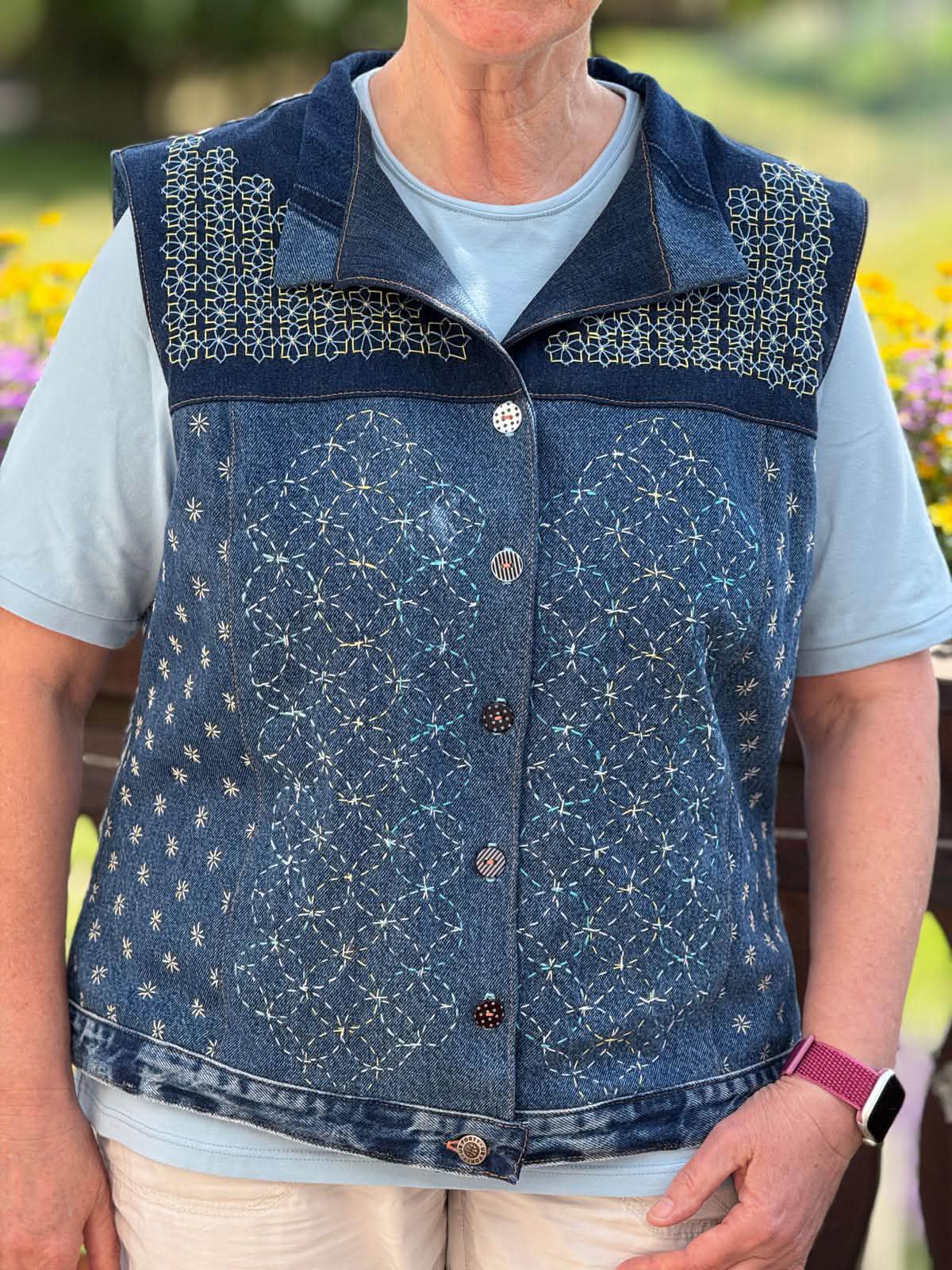 Upcycled denim vest with sashiko embroidery