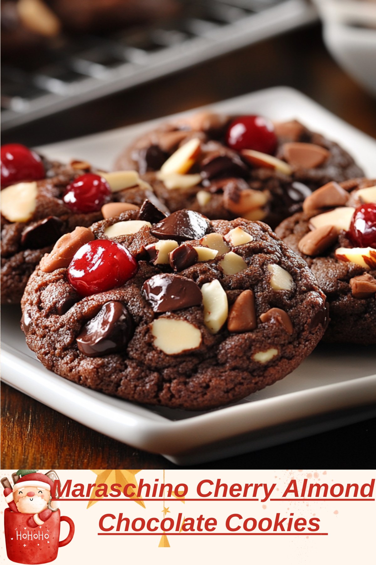 Dark chocolate snack with almonds and maraschino cherries