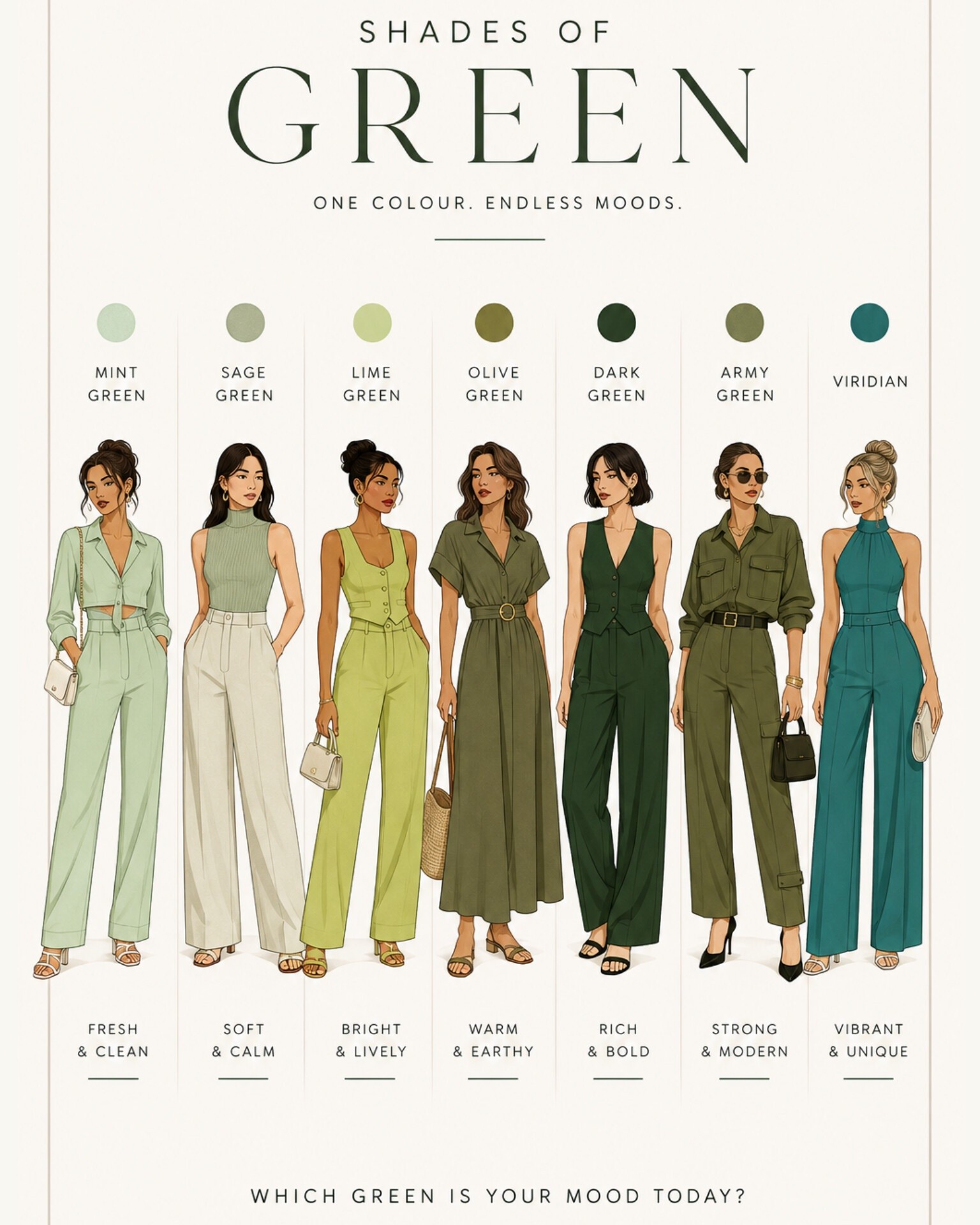 shades of green dress code for ladies 🌿Which is your 'go-to' shade? Number 1–10 below! 👇🏻 #fblifestyle 01513-SFMPD