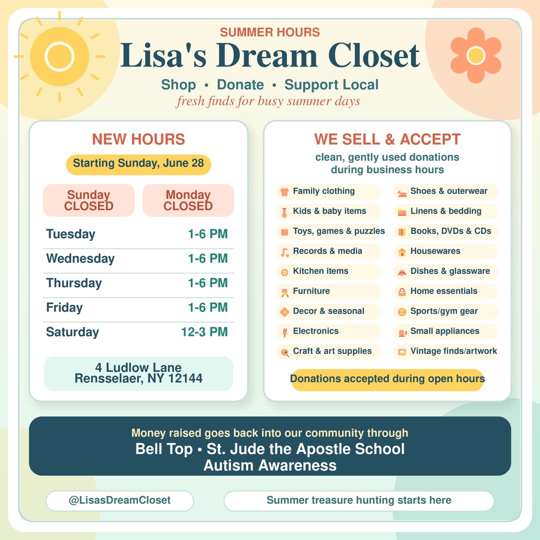 Lisa's Dream Closet summer hours update