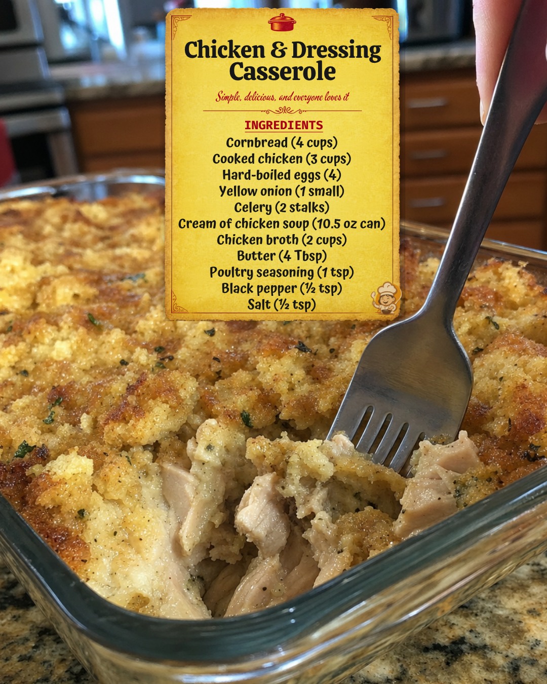 That fork just exposed the best part of the whole casserole. Look underneath the browned cornbread top. There are big pieces of chicken hiding down there. Mix 4 cups crumbled cornbread with