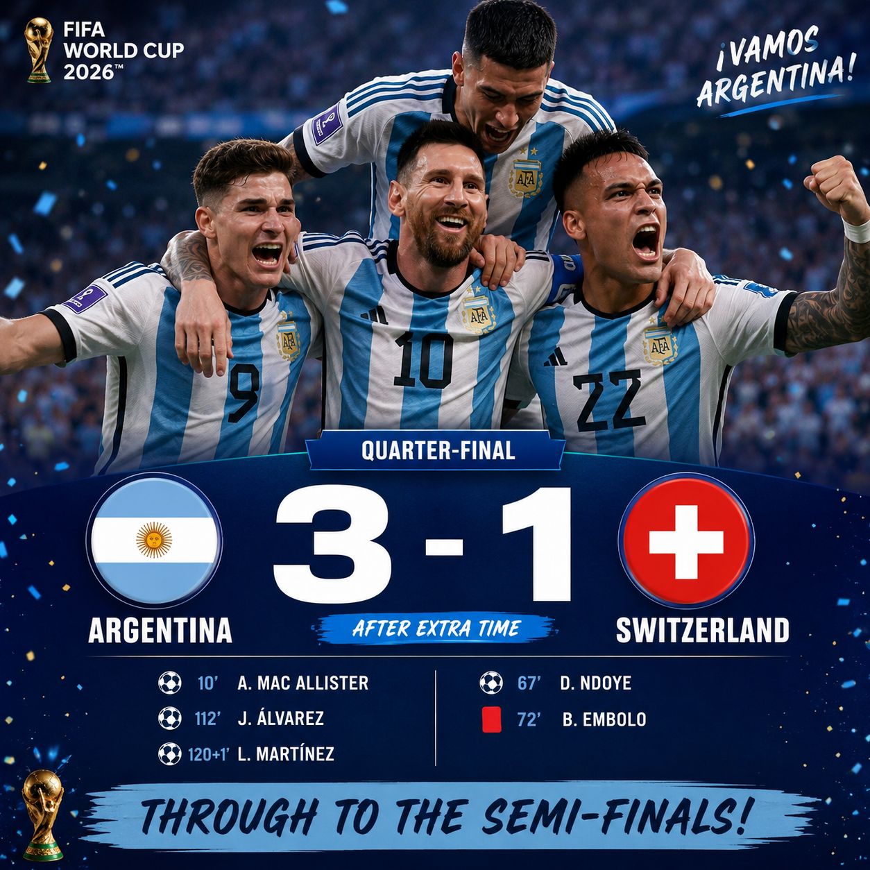 Argentina defeats Switzerland 3-1 in World Cup 2026 quarter-final