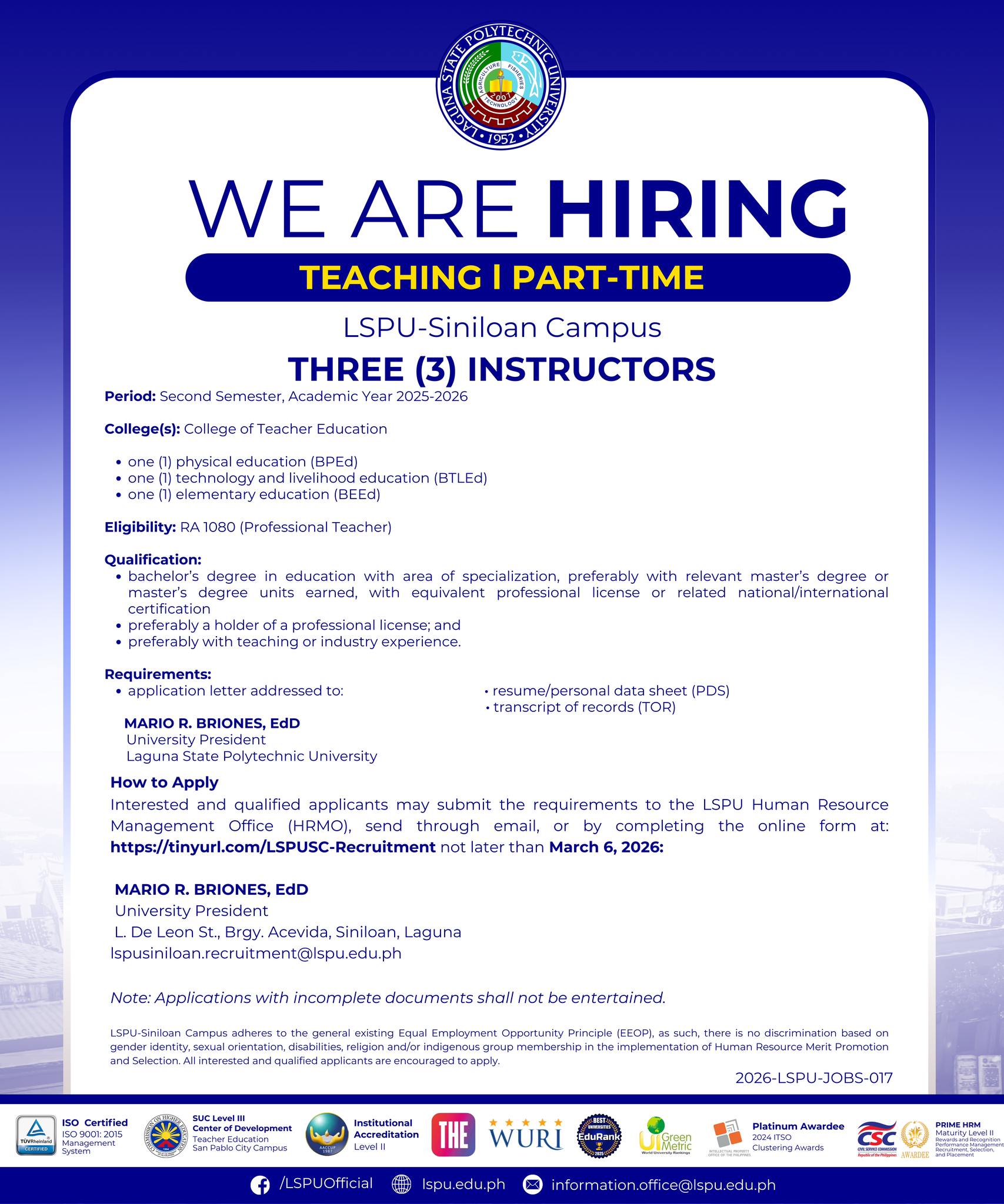 Laguna - #LSPUJobs l 𝗛𝗶𝗿𝗶𝗻𝗴 𝗮𝘁 𝗟𝗦𝗣𝗨-𝗦𝗶𝗻𝗶𝗹𝗼𝗮𝗻 (𝗧𝗲𝗮𝗰𝗵𝗶𝗻𝗴, 𝗣𝗮𝗿𝘁-𝘁𝗶𝗺𝗲) The ...