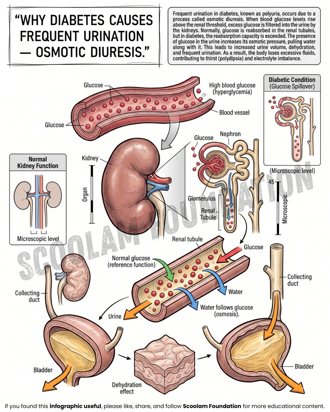 Why does diabetes cause frequent urination even when you are not drinking much water? In diabetes, blood sugar levels become high, and the kidneys play a key role in handling this excess