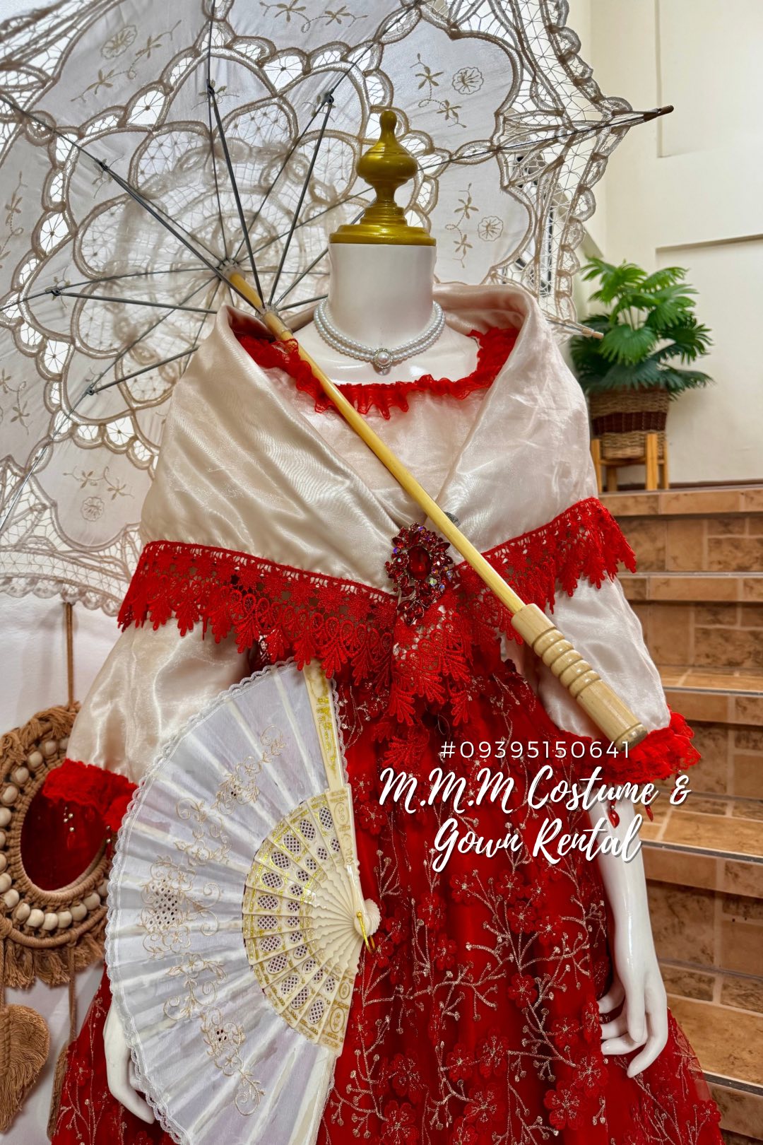 open lace back dress Organza Red Hand Painted Filipiniana Panuelo- Maria