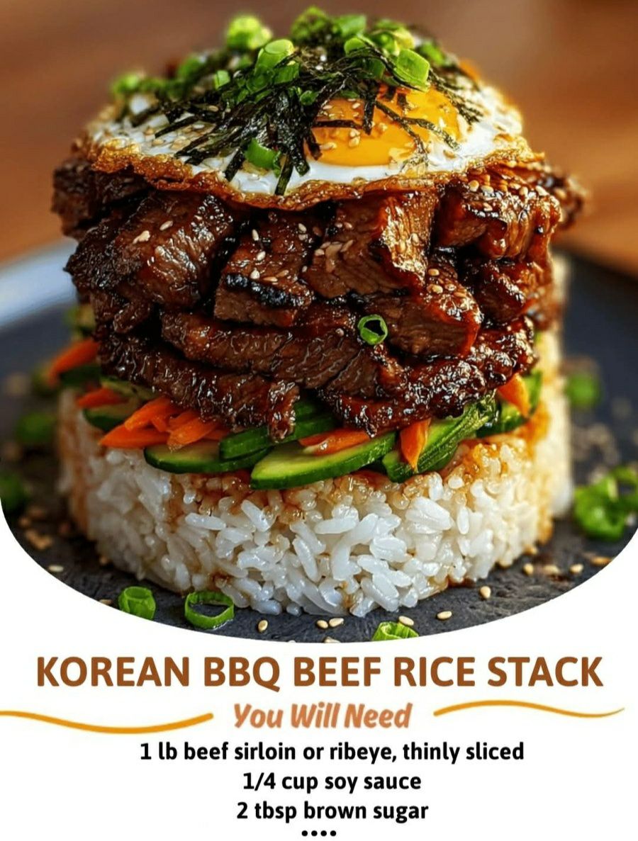 Recipe - Korean BBQ Beef Rice Stack 😋 Ingredients: For the Korean BBQ ...