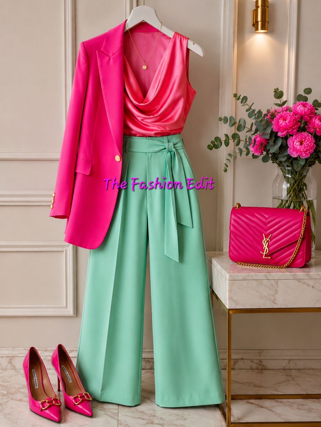 mint green color combination dress The colour is vibrant fuchsia pink and green. 💖💚 It's a bold, fresh, high-fashion pairing — the vivid fuchsia brings energy and glamour, while the mint softens the look pearl wedding belt