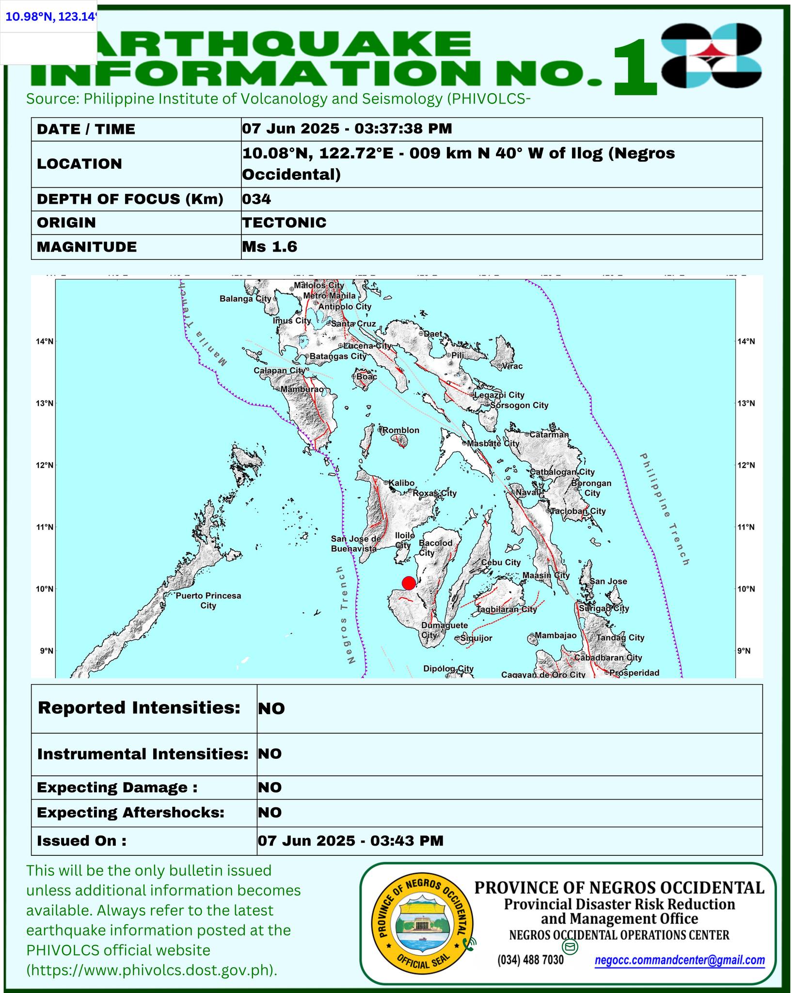 Negros - EARTHQUAKE INFORMATION NO.1 DATE/TIME: 07 Jun 2025 - 03:37:38 ...