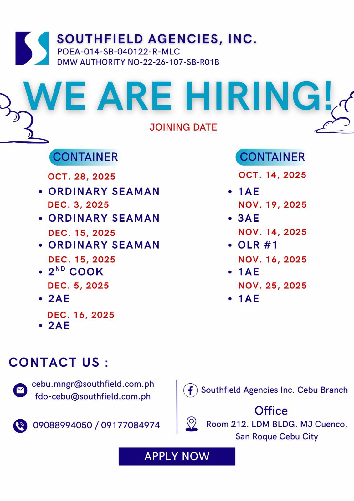 Southfield - WE ARE HIRING‼️⚓ WE ARE IN NEED OF THE FOLLOWING RANKS FOR ...