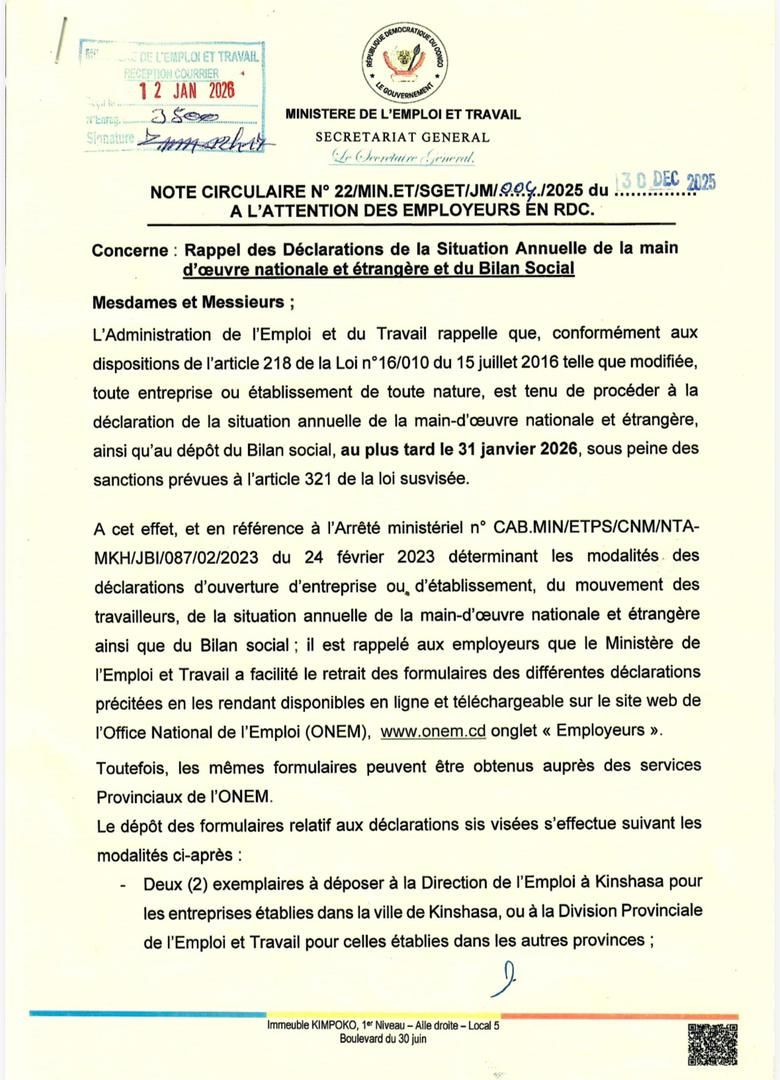 #NOTE_CIRCULAIRE... - Ministère de l'Emploi et Travail - RDC | Facebook