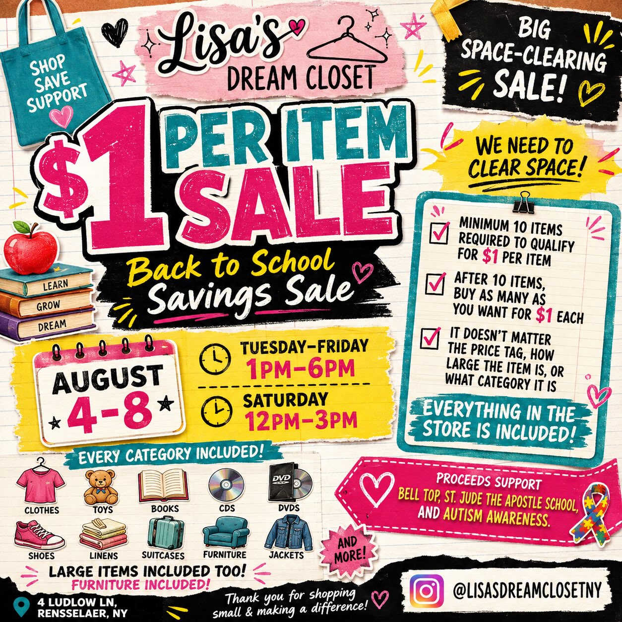 Lisa's Dream Closet $1 sale in North Greenbush, NY, August 4-8