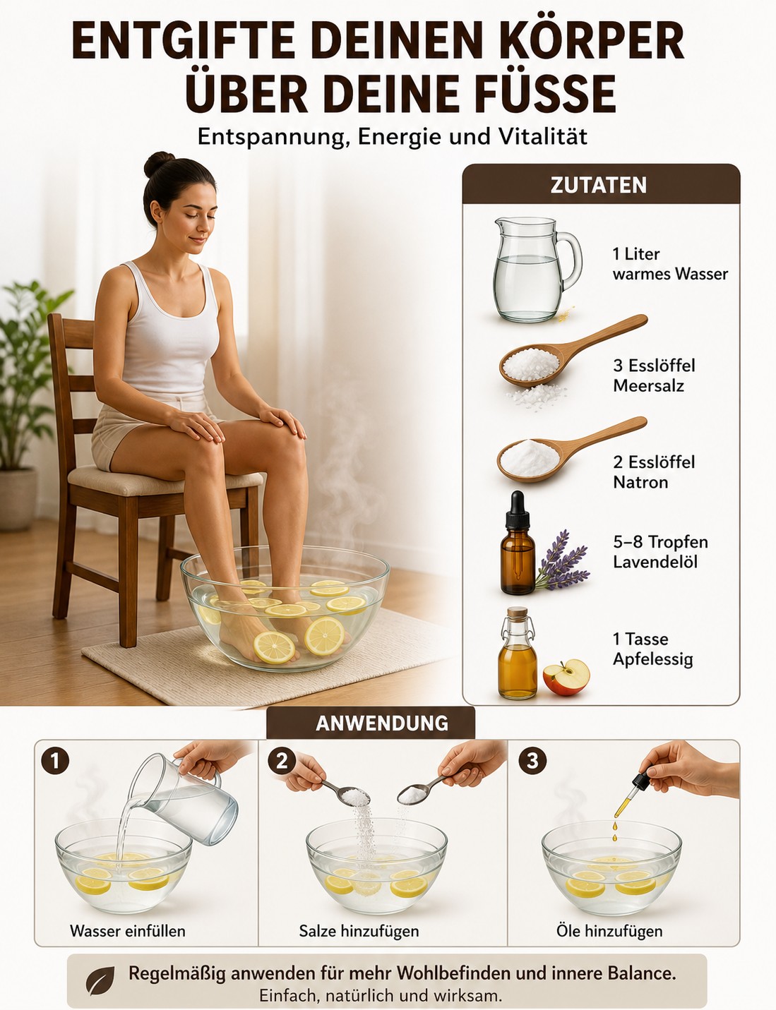 Entgifte deinen Körper über deine Füße! 🦶💧 🌿 Zutaten: 1 Liter warmes Wasser 3 Esslöffel Meersalz 2 Esslöffel Natron 5-8 Tropfen Lavendelöl 1 Tasse Apfelessig 🔹 Anwendung: Wasser in die Schüssel