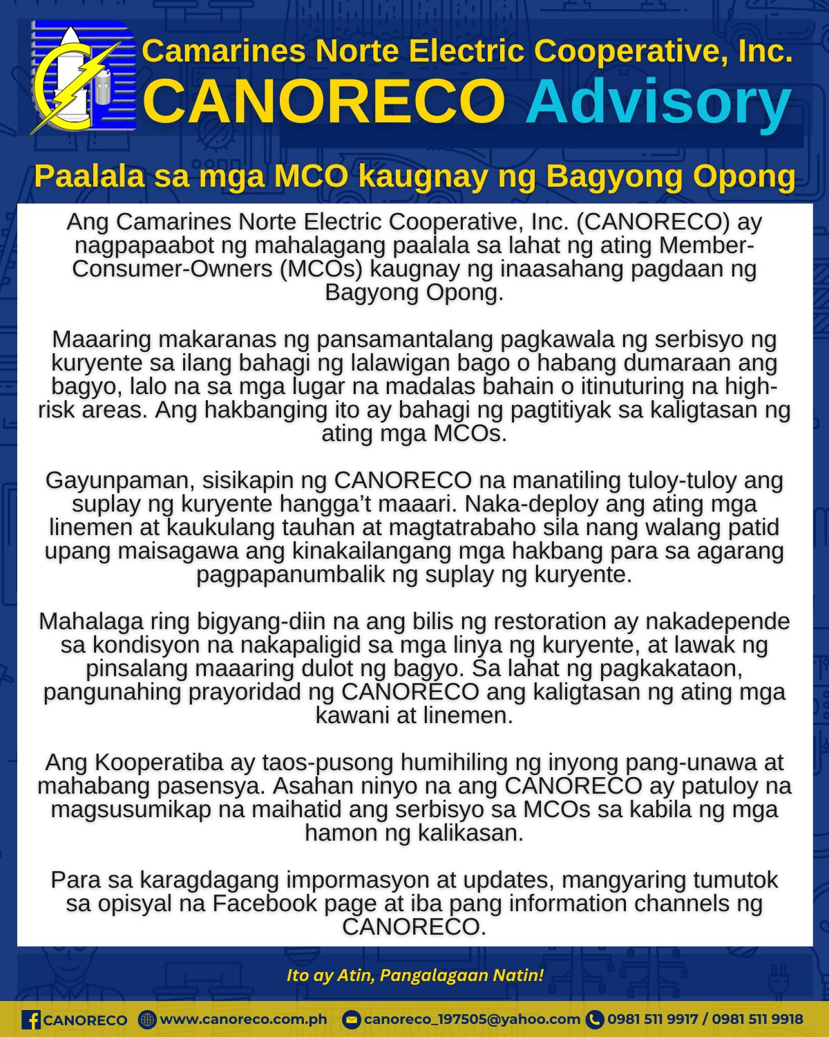 Bicol - CANORECO Advisory: PAALALA SA MGA MCO KAUGNAY NG BAGYONG OPONG ...