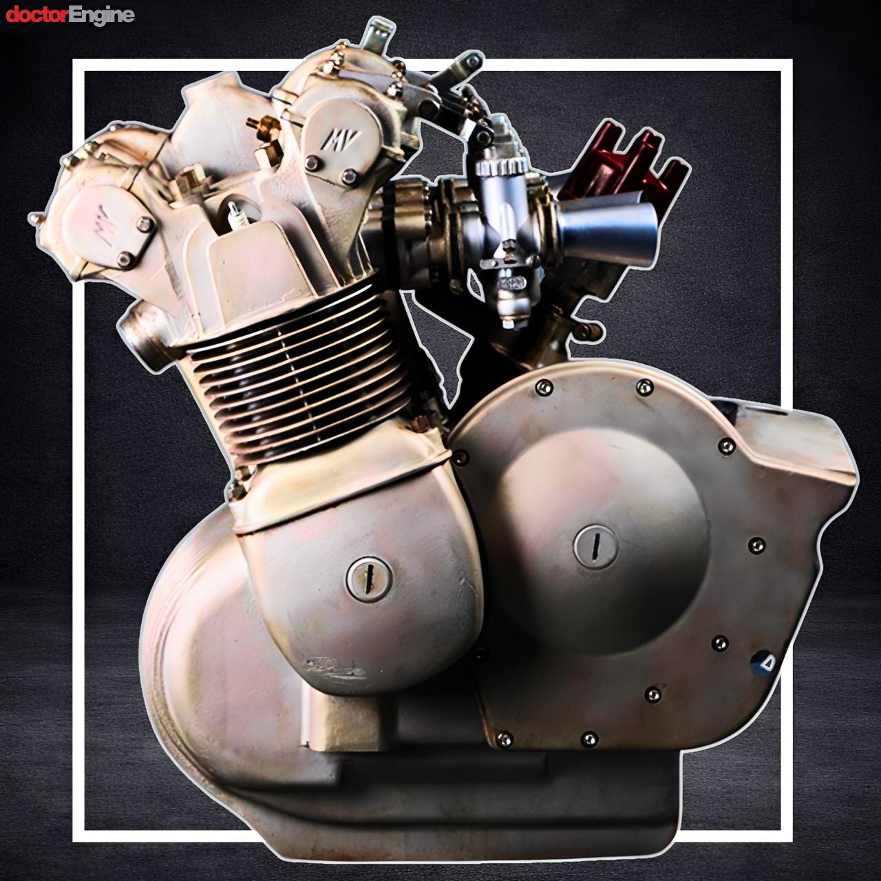 The image shows the engine from the classic MV Agusta 750 GT, one