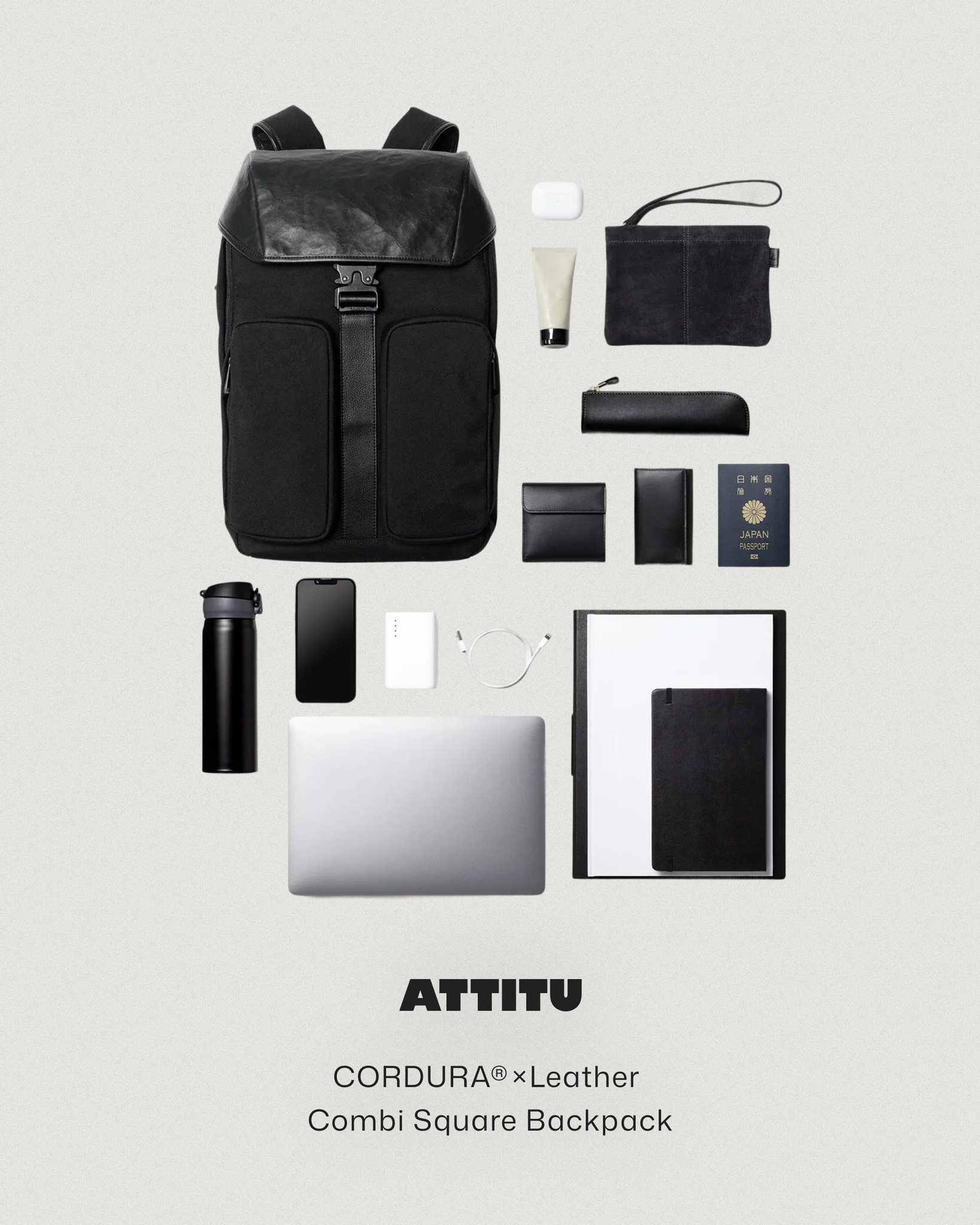 Item: CORDURA®×レザー コンビスクエアバックパック Color: Black