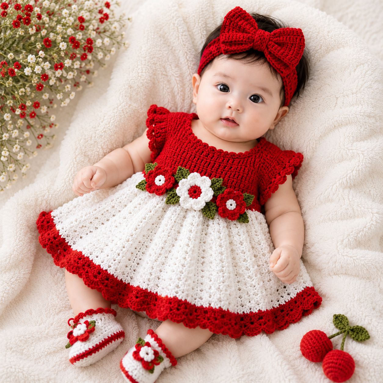 Handmade Red & White Crochet Frock
