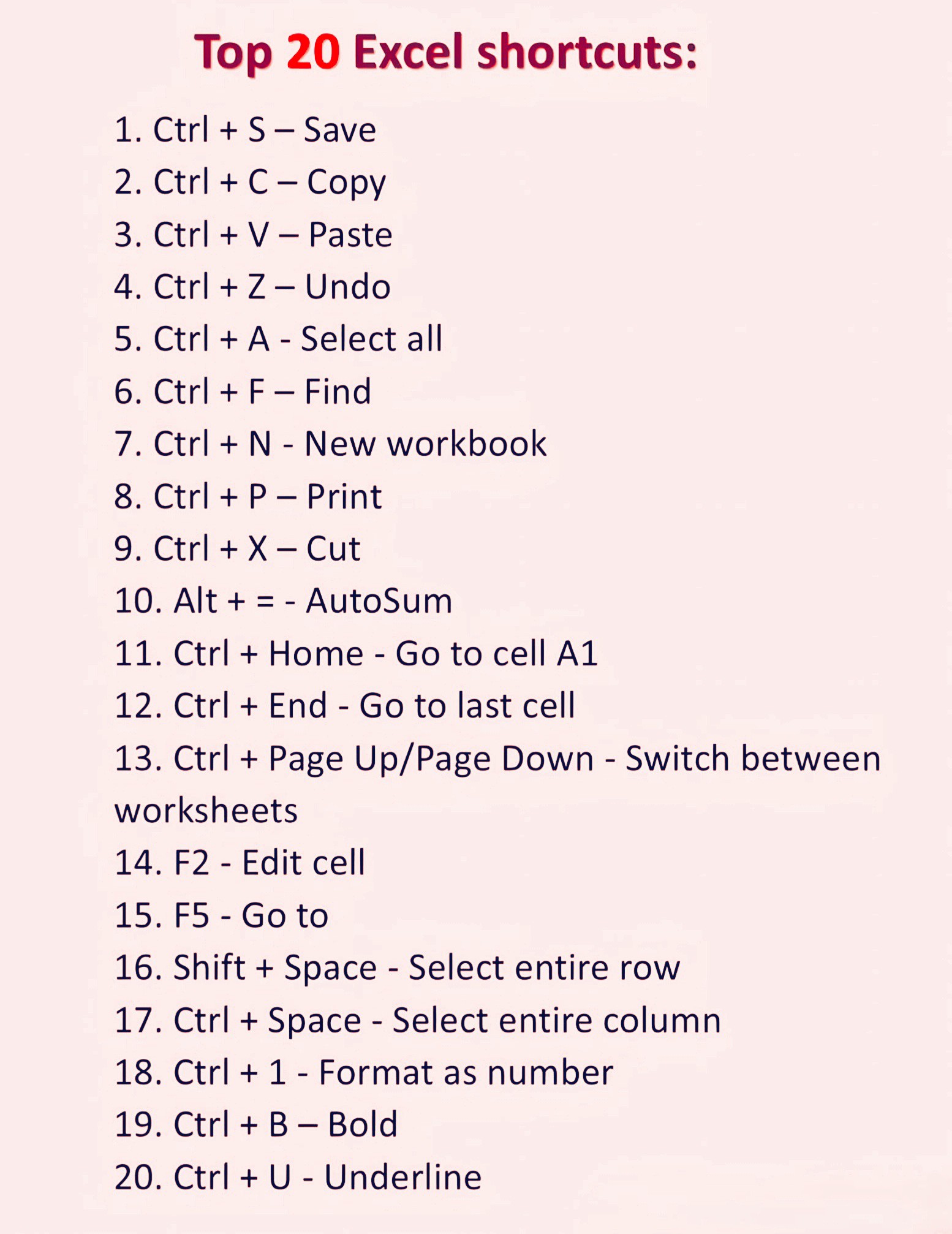 ✰ Top 20 Excel Shortcuts..😍💯 .. .. To get more please follow