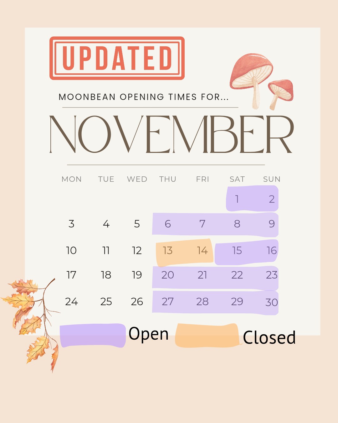 UPDATED November Calendar 🍂... - Moonbean Coffee Boat | Facebook