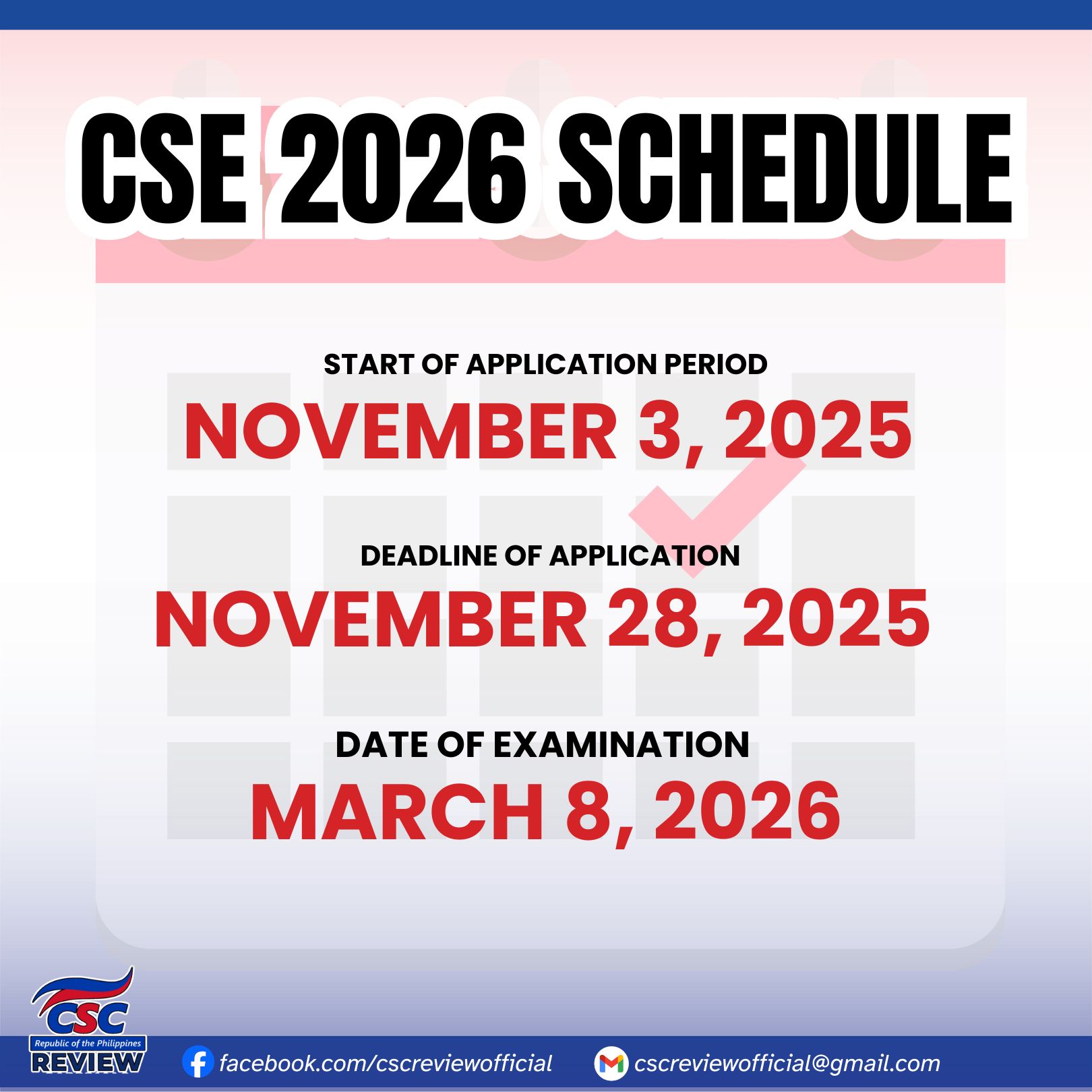 Schedule for Civil Service Exam 2026... - Quicky Facts Daily | Facebook