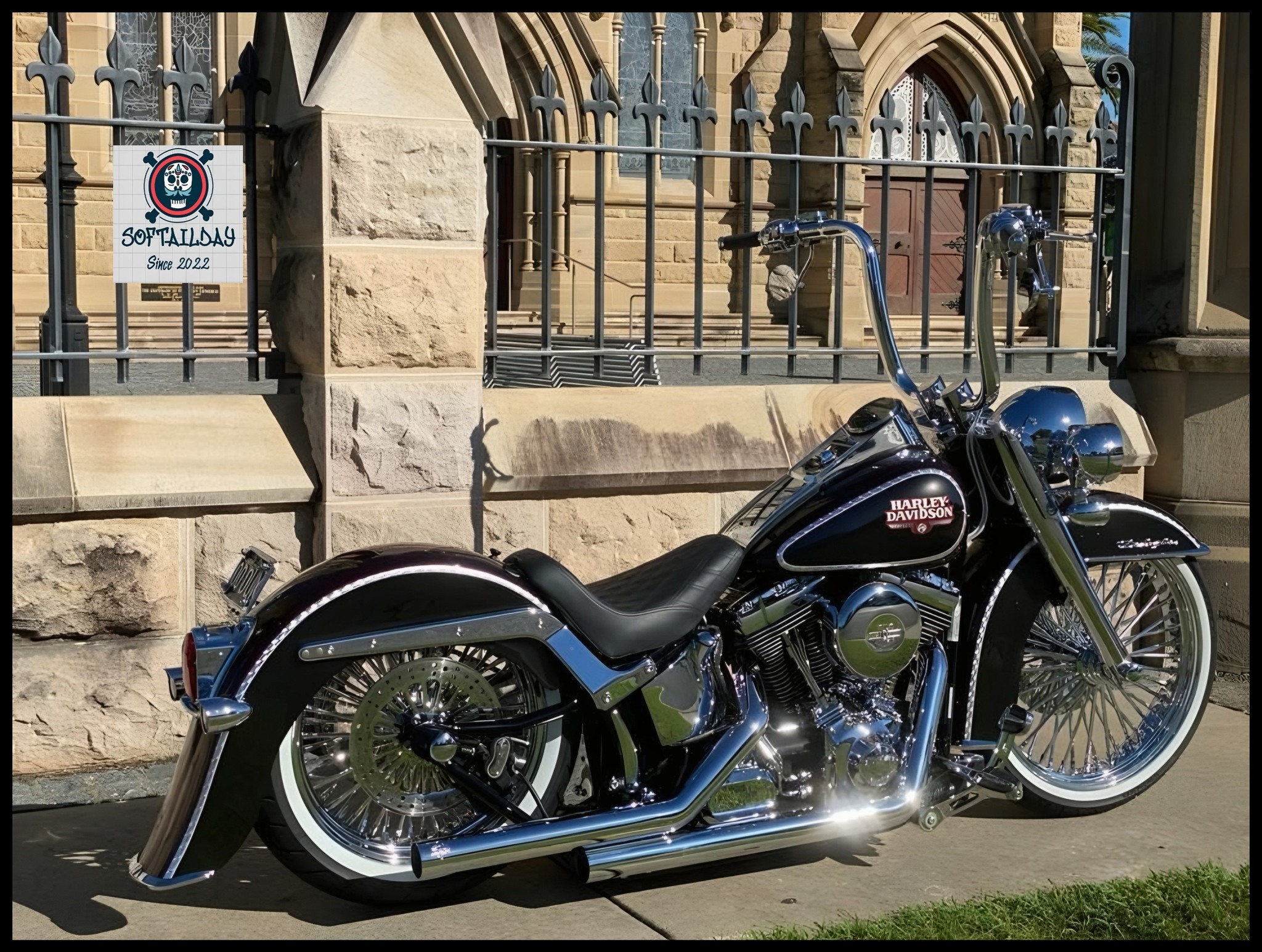 Harley-Davidson parked in front of historic building