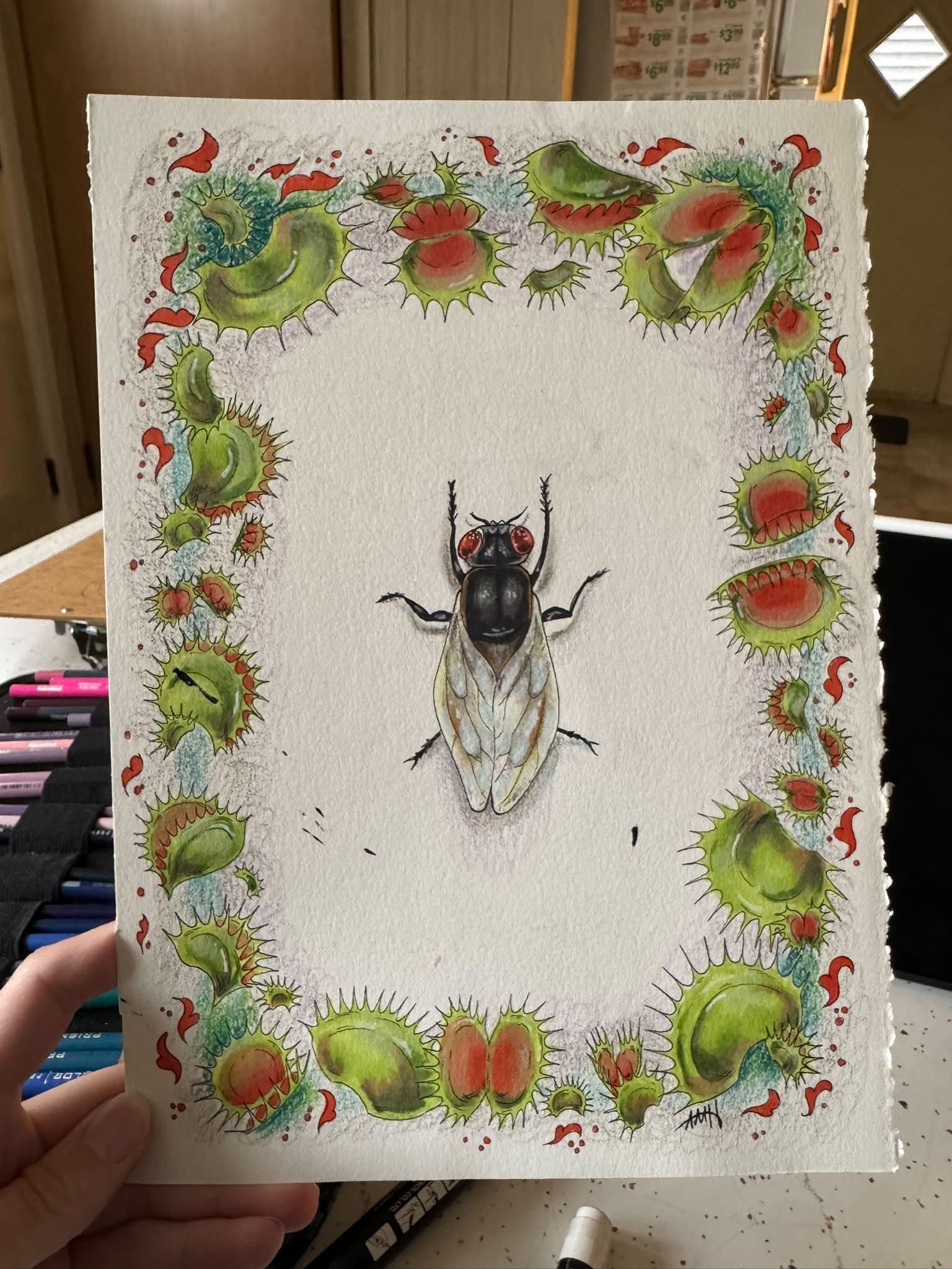 Venus Fly Trap mixed media artwork with Copic marker, colored