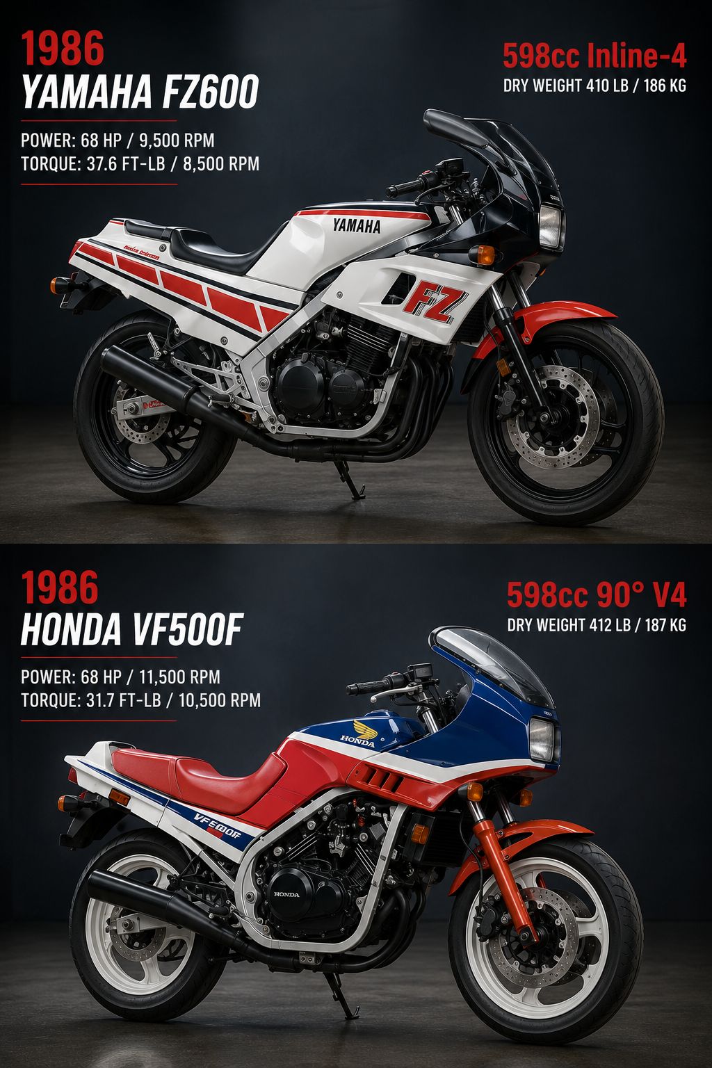 1986 Yamaha FZ600 and Honda VF500F sportbikes compared