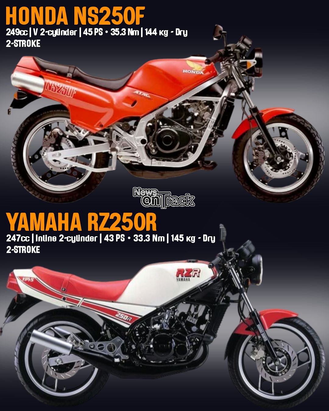 The 1983 Yamaha RZ250R and 1984 Honda NS250F represent an